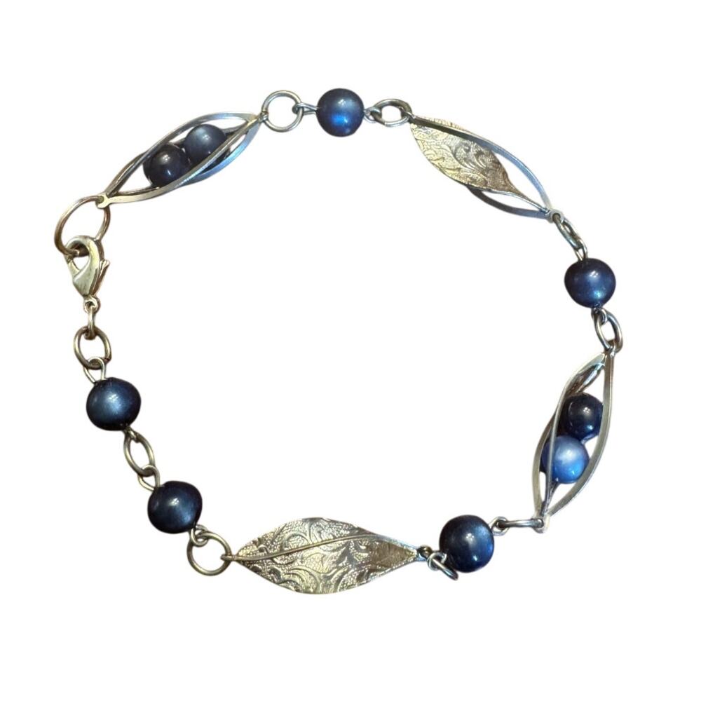 Vintage silver tone twisted leaf filligree blue bracelet size XL large wrist